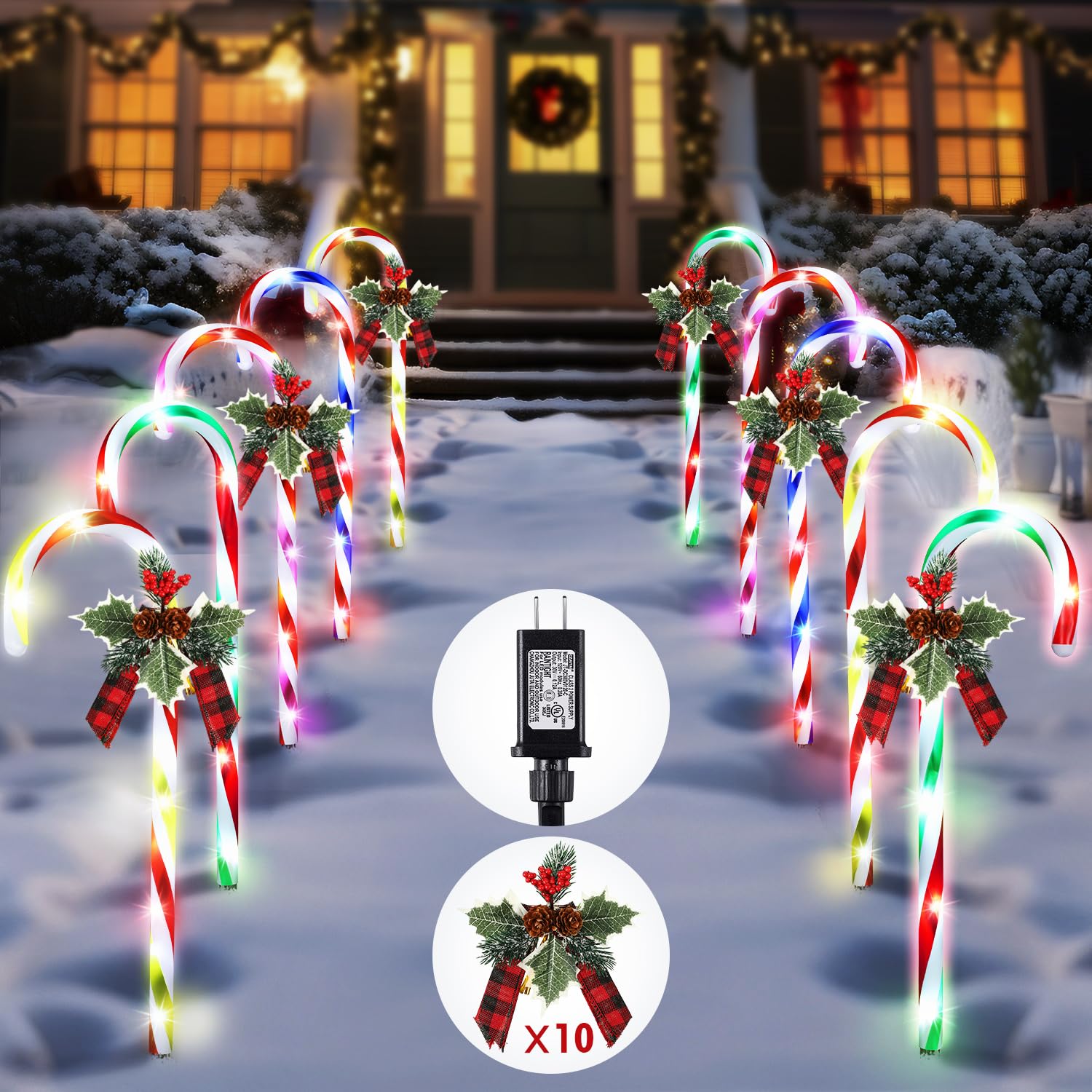 Photo 1 of Christmas Candy Cane Lights, 10 Pcs 21 Inch Pathway Markers Lights with Stakes, Christmas Driveway Lights End to End Connected for Xmas Holiday Party Walkway Patio Garden Decor (Multicolor)