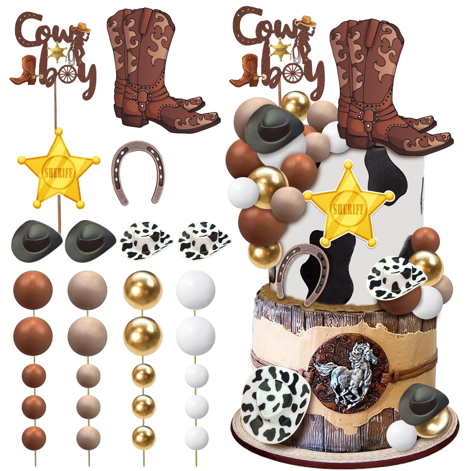 Photo 1 of 28 Pcs Cowboy Cake Decorations Cowboy Hat Boot Horseshoe Sheriff Badge Ball Cake Toppers Western Cowboy Birthday Baby Shower for Western Theme Party Favors Supplies