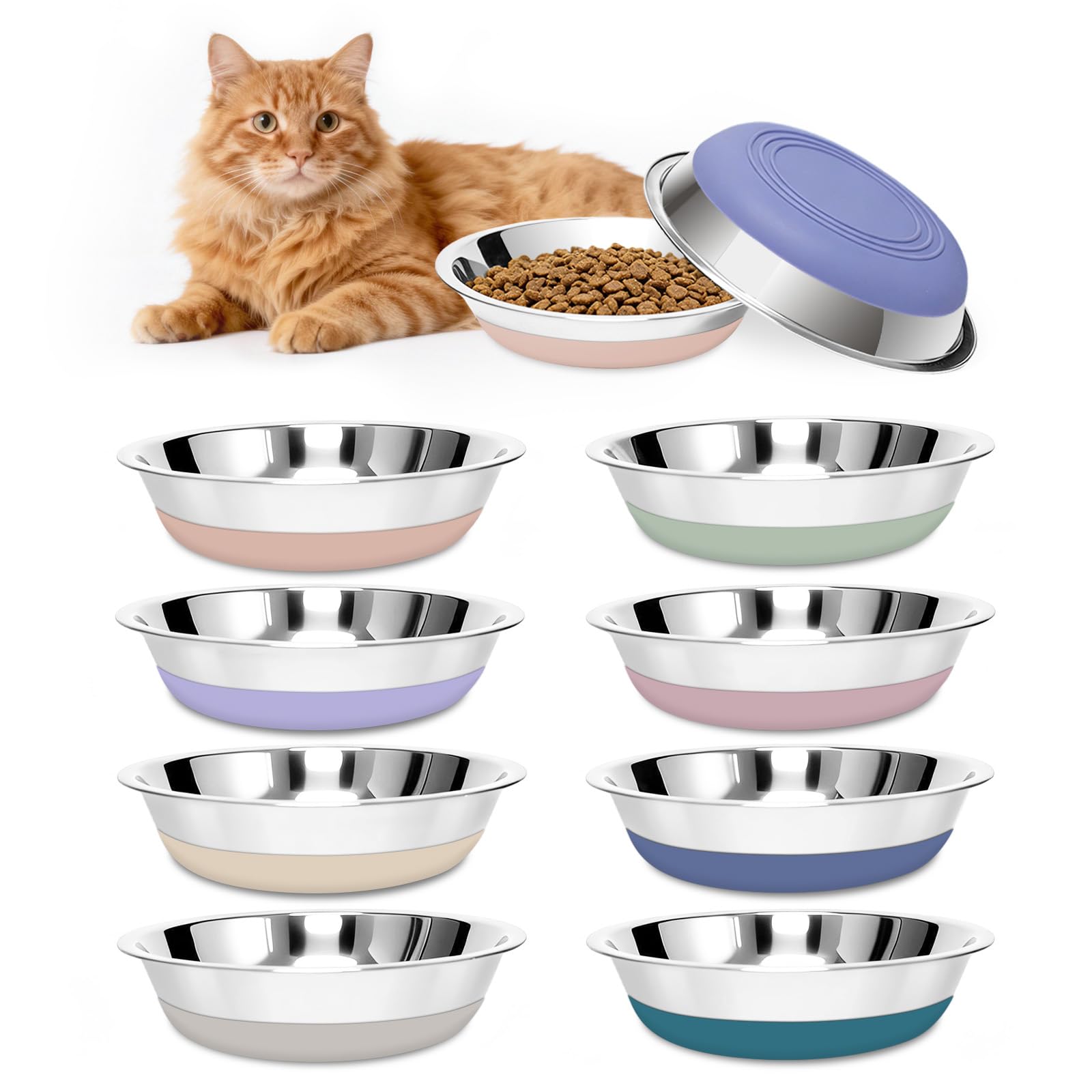Photo 1 of [8 Pack] Stainless Steel Cat Bowls, Cat Dishes Whisker Friendly with Non-Slip Silicone Bottom, Easy to Clean, 5.5" Shallow Wide Cat Food and Water Feeding Bowl for Indoor Outdoor Cats