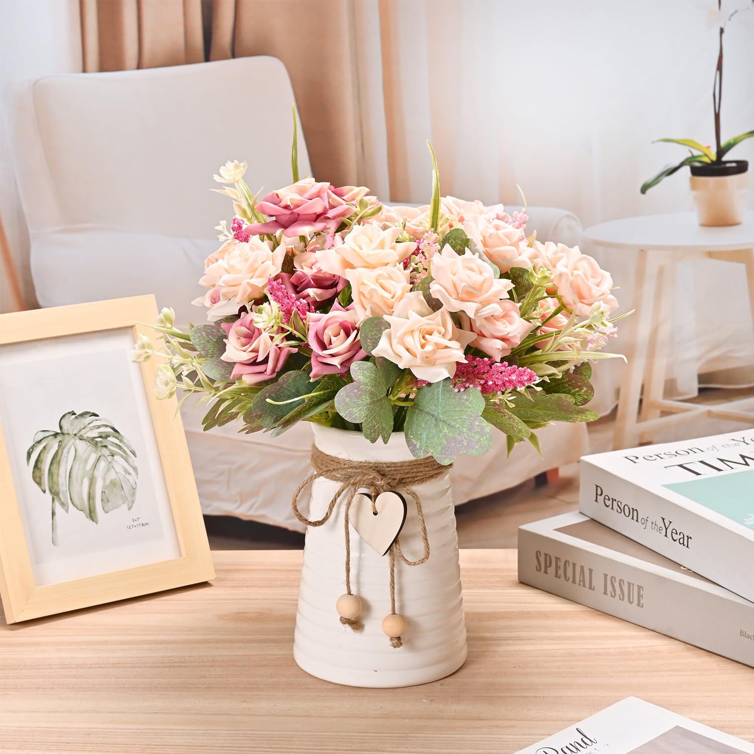 Yorkmills Artificial Flowers for Vase, Pink Roses Fake Flowers with Vase Silk Flowers for Home Office Mom Spring/Summer Decor, Autumn Decorations, Dining Table Centerpiece