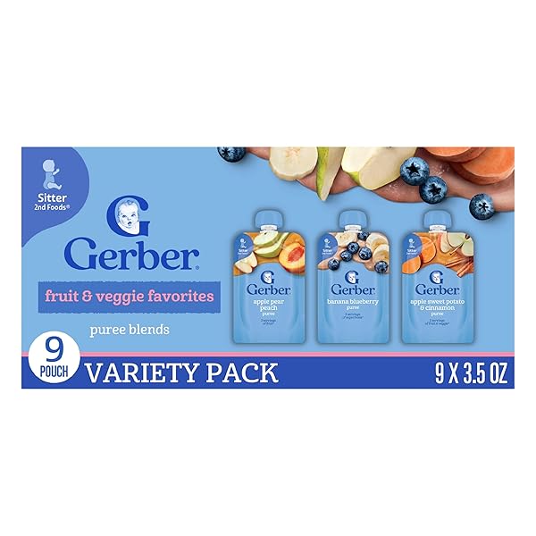 GERBER STAGE 2 BABY FOOD, FRUIT AND VEGGIE FAVORITES PUREE POUCHES VARIETY PACK, NO ADDED SWEETENER, BABY FOOD POUCHES, 9-PACK