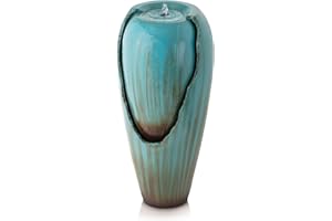 Alpine Corporation DIG100XS | 33"H Outdoor Antique Jar Water Fountain — Cascading LED Light Design for Patio, Deck & Yard — Turquoise Finish