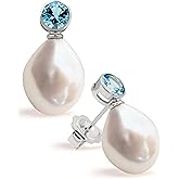 Women Pearl Earrings Freshwater Cultured Pearls Baroque Shape 12 to 13 mm with Large Zirconia Stone SECRET & YOU | Sterling Silver Earrings with Big Butterfly Backs.