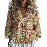 Floral Linen Shirt for Women Spring Summer Boho Front Button Down Tops Vintage Casual Long Sleeve Oversized Top Tees