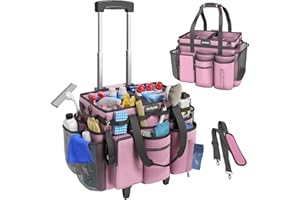 CORBYLES Rolling Cleaning Caddy Bag with Detachable Trolley, Cleaning Supplies Organizer Cart on Wheels, Cleaning Supply Caddy for Housekeepers, Large Professional Detailing Bag Tote for Home, Car (Pink)