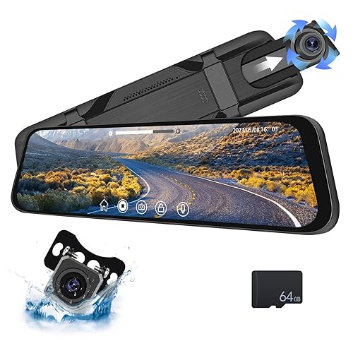 CAMECHO Mirror Dash Cam Rear View Mirror Camera Front and Rear 1080P  Backup Camera with 64GB Card, Touch Screen Dual Front and Rear Camera/Night  - Main Image