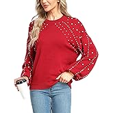 MISS MOLY Women's Chunky Sweaters Lantern Sleeve Crewneck Oversized Knitted Pullover Sweater with Pearls