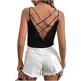 SweatyRocks Women's Criss Cross Back Tank Tops V Neck Cami Top Hollow Out Camisole Shirt