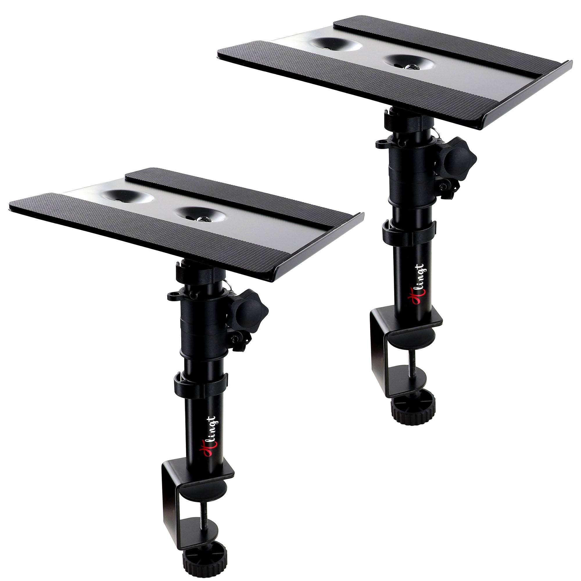 Photo 1 of Tlingt Studio Monitor and Speaker Stand Pair, Clamp-on Desk Speaker Stand, 9.5"x 8.9" Metal Tray, -10° to +10° Tilt Angle, Fits for Wide Range of Monitor Speakers, Bookshelf Speakers, Laptops.
