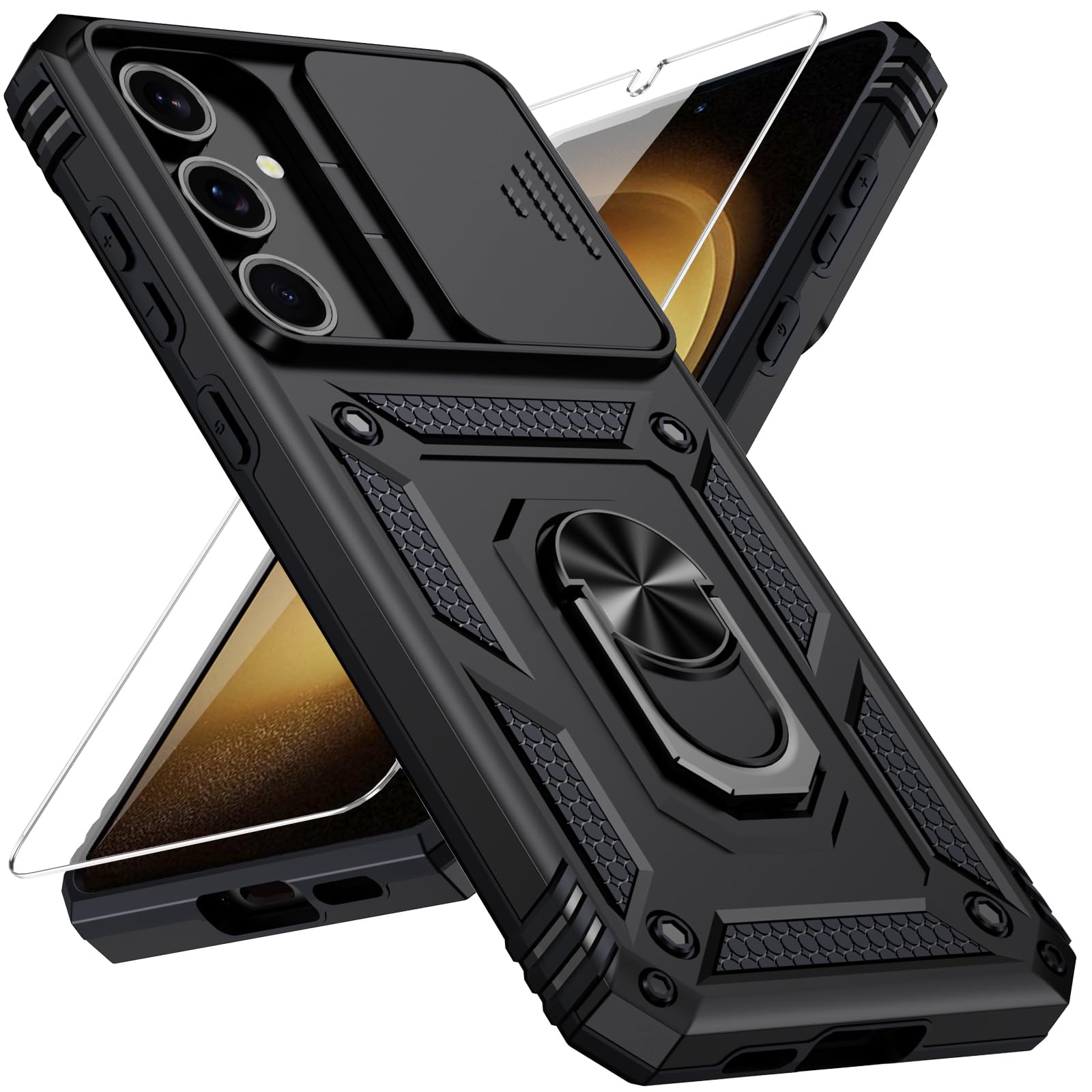 Weycolor for Samsung Galaxy S23 Plus Case with Camera Lens Cover, 10 FT Military Grade Drop Protection, Magnetic Ring Holder Kickstand Protective Phone Case, Black