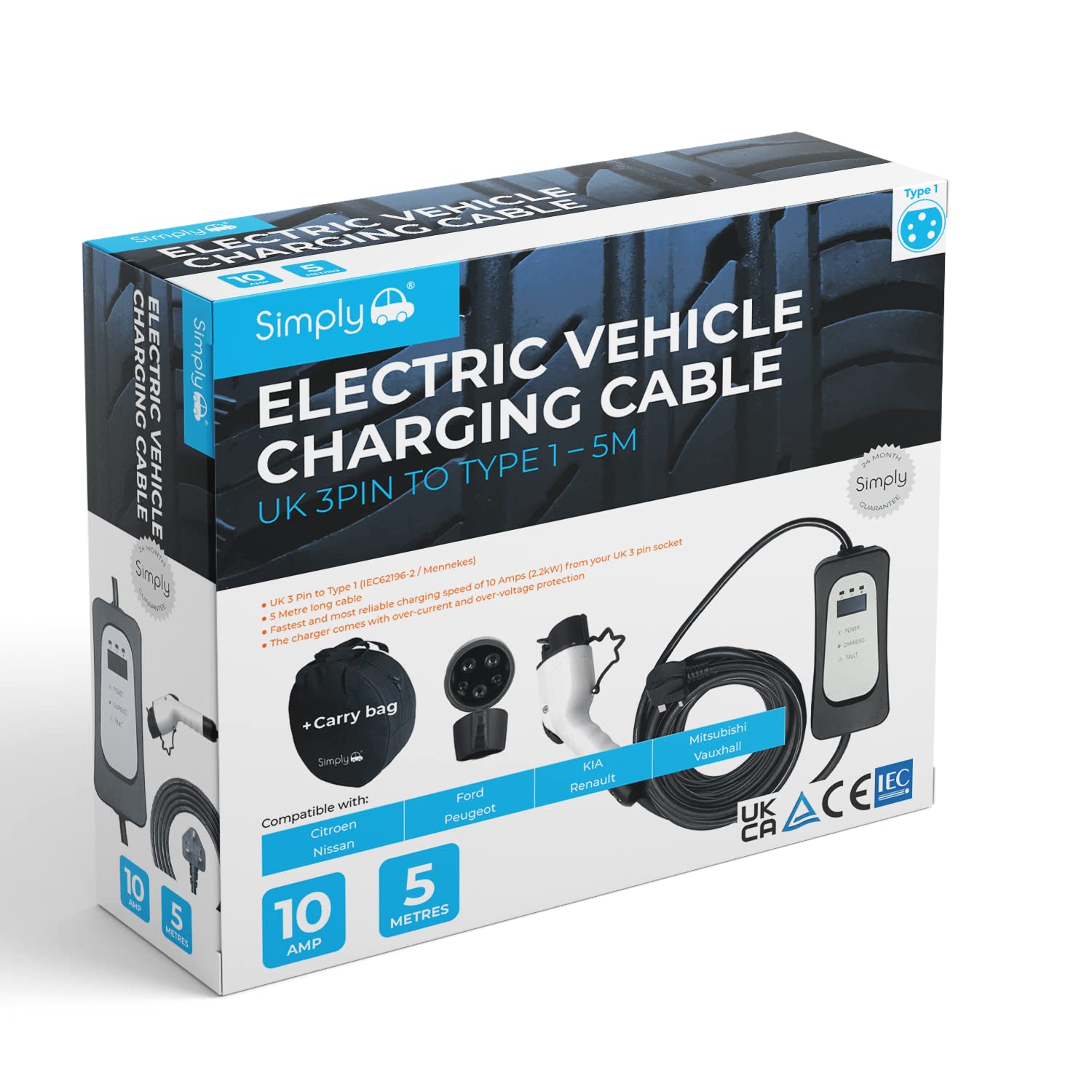 Simply Auto EV006 Electric Vehicle Fast-Charging, Lightweight, Durable and Flexable Cable - UK 3 Pin to Type 1-5M Compatible with Citroen, Nissan, Ford
