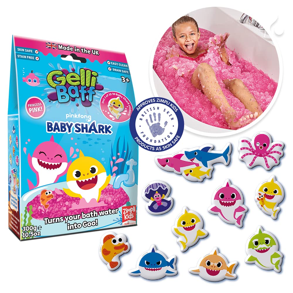 ZIMPLI - Baby Shark Gelli Baff Pink with Floating 3D Bath Sticker, 1 Bath or 6 Play Uses, Magically turns water into thick, colourful goo, Bathtub Toy