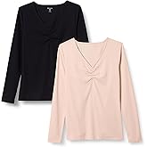 Amazon Essentials Womens Cinched V-Neck Long Sleeve Slim-Fit Rib-Knit T-Shirt