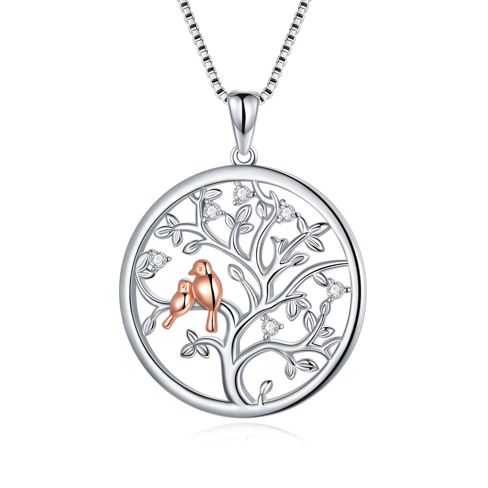 LONAGO Tree of Life Necklace 925 Sterling Silver Cute Birds Family Tree Pendant Necklace Jewelry for Women