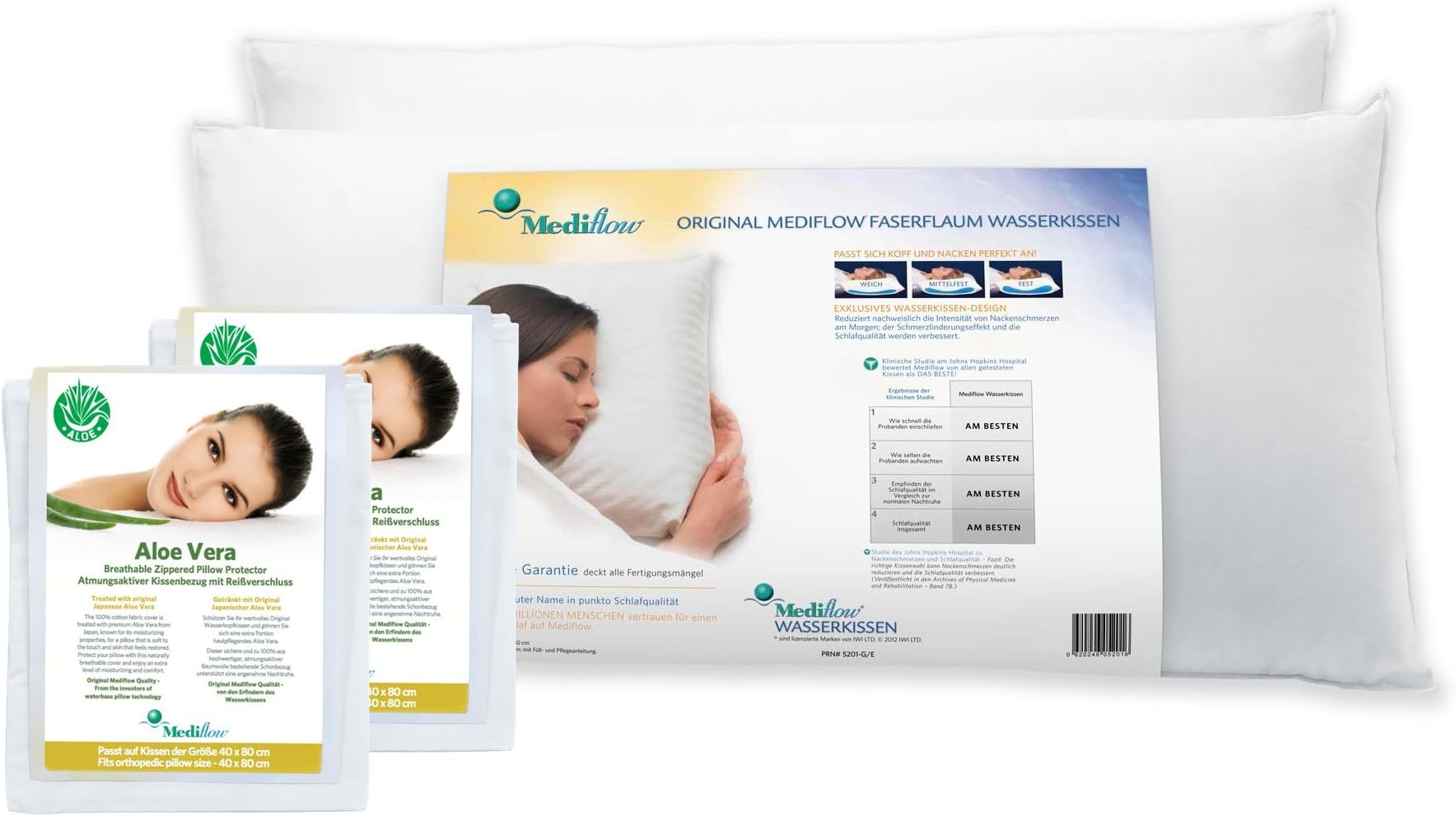 Mediflow Set 2 Pillows + 2 Pillowcases Aloe Vera White 40 x 80 cm