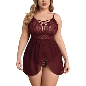 Avidlove Women Plus Size Lingerie Lace Babydoll V Neck Bodysuit Sleepwear