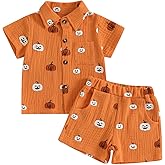 KtwHarnu Toddler Baby Boy Halloween Outfit Pumpkin Cotton Linen Button Down Short Sleeve Shirt and Shorts 2 Piece Clothes Set