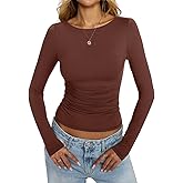 EasyGala Womens Boat Neck Long Sleeve Shirts Ruched Double Lined Top Fitted Basic Tight Tee Spring Fall Clothes 2025