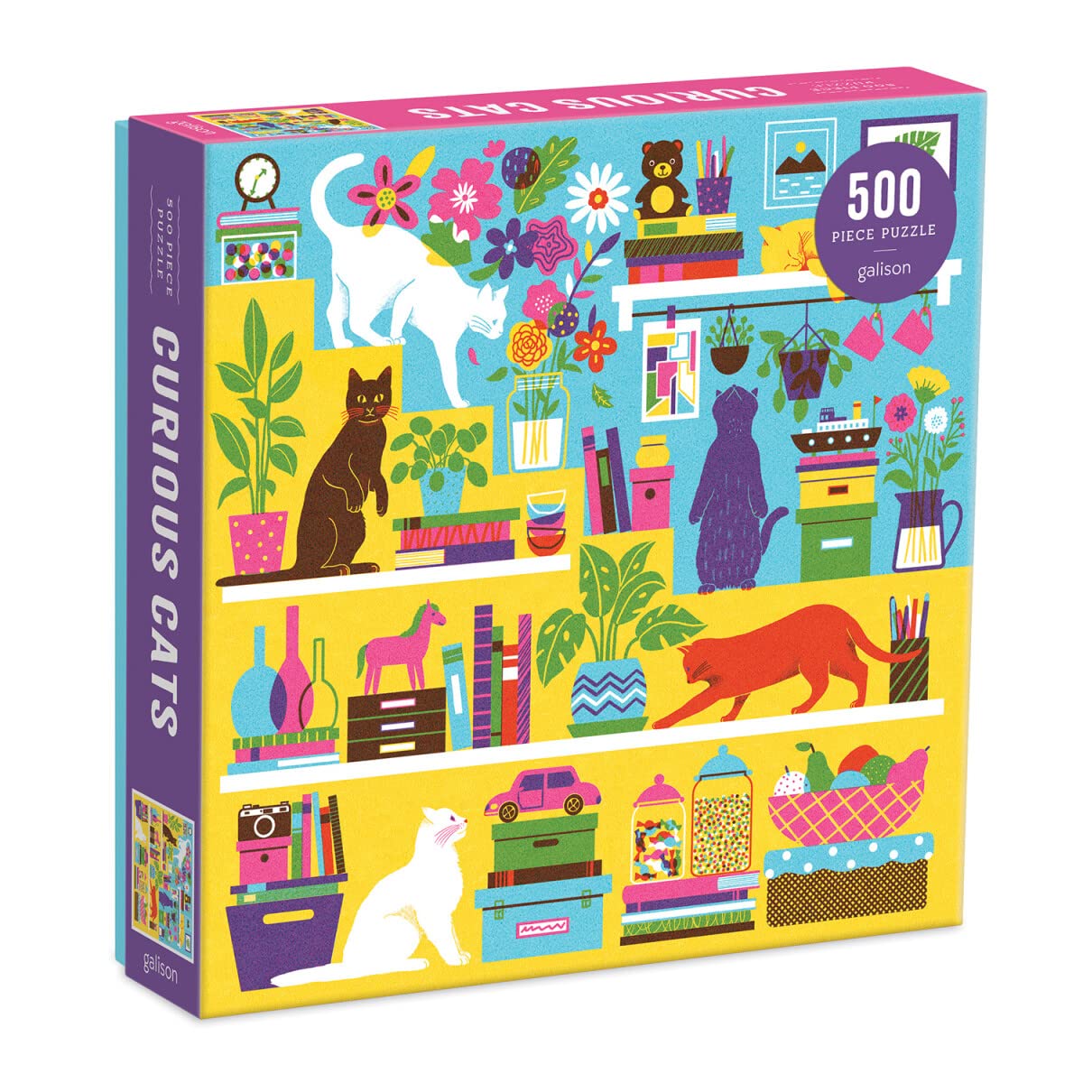 Photo 1 of Galison Curious Cats 500 Piece Puzzle from Galison - Bright and Colorful Illustrations of Feline Pranksters, Perfect for The Whole Family to Enjoy Together, 20" x 20", Great Gift Idea