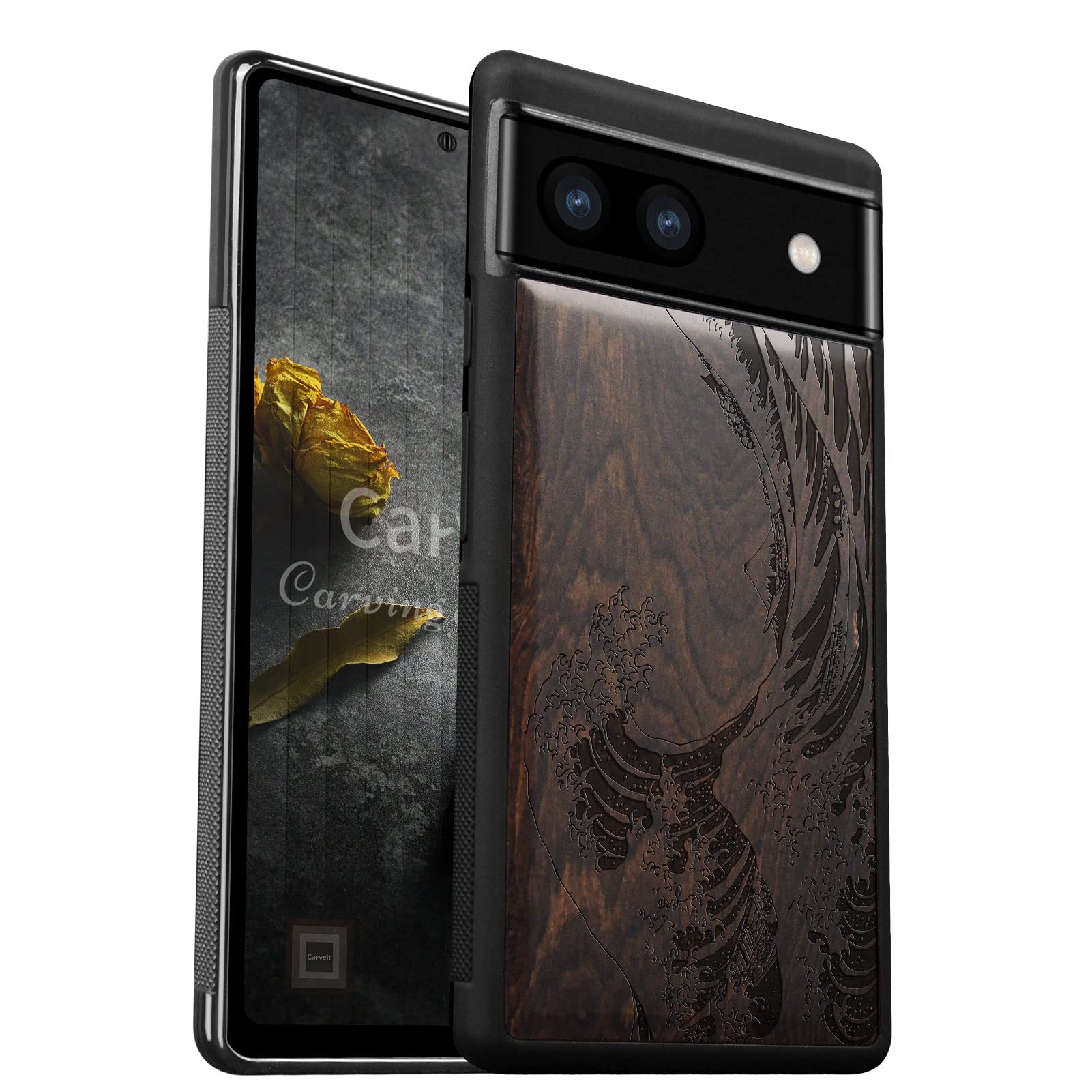Carveit Luxury Case for Google Pixel 6a Phone Cover [Classic Art Collection laser engraving art pattern] Shockproof TPU Bumper Compatible with Pixel 6a Case (The Great Wave Off Kanagawa-Blackwood)