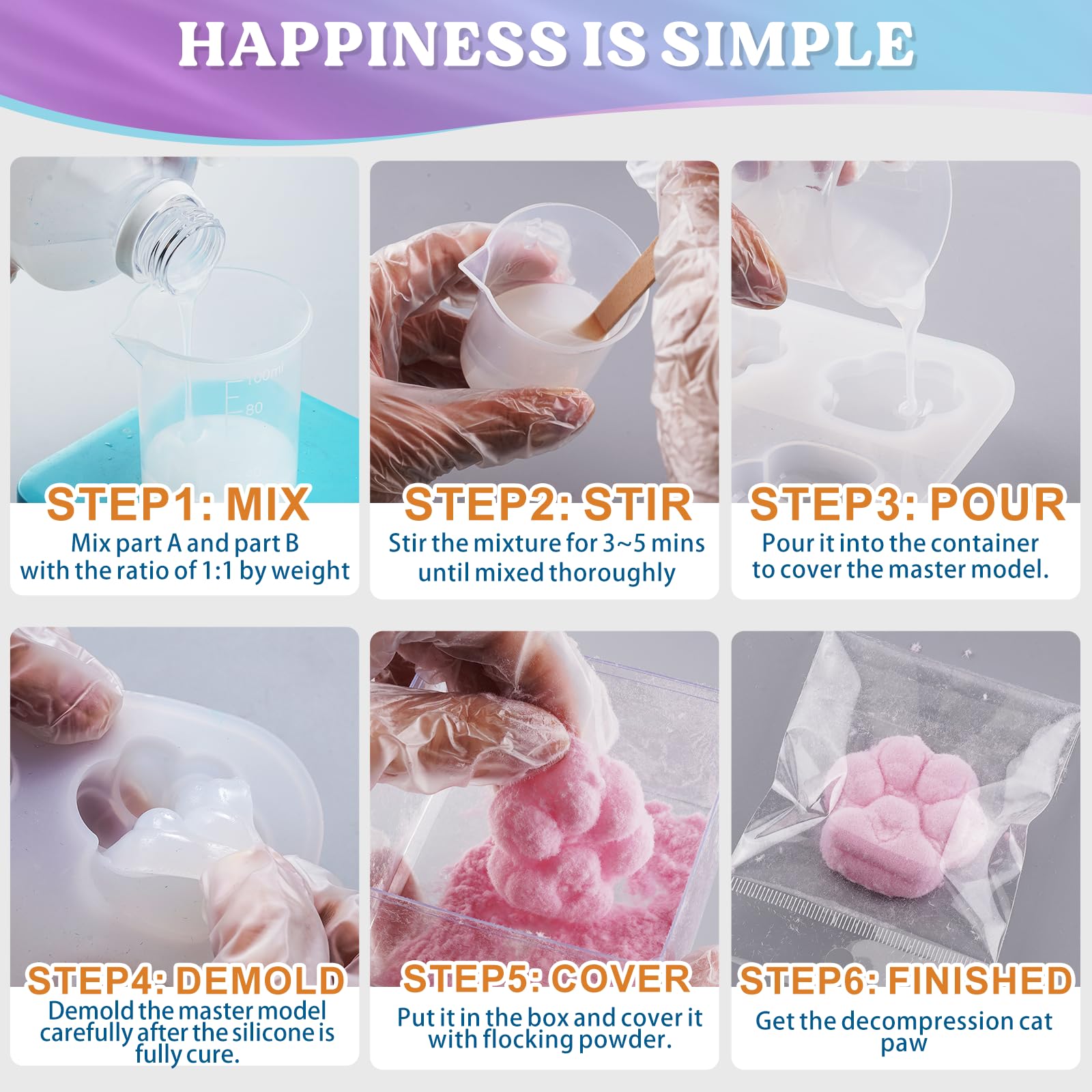 LET'S RESIN Gel for Taba Squishy Kit, 16oz Super Soft Flex Rubber for Squishy Maker, with Paw Molds/Flocking Powder/Bag, Molding Cat's Paw, DIY Decompression Gift