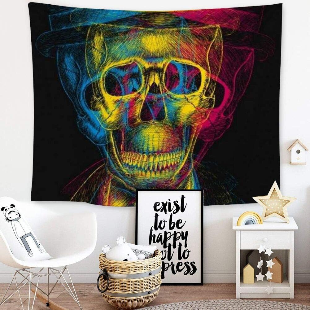 Tapestry Wall Hanging, Bohemia Tapestries Bedding Dorm Cute Fashion Unique Design Phantom Skull Art hat sugar flower skull yellow pink blue ink scary tie dye line texture cute (60inch*51inch)