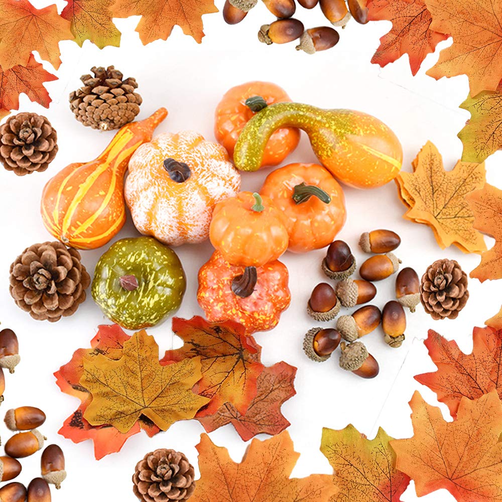 DOJoykey Thanksgiving Decoration Set, 128pcs Artificial Maple Leaves, Harvest Pumpkin, Small Acorns, Pine Cones and Gourds for Autumn, Fall and Halloween Home Party Decoration