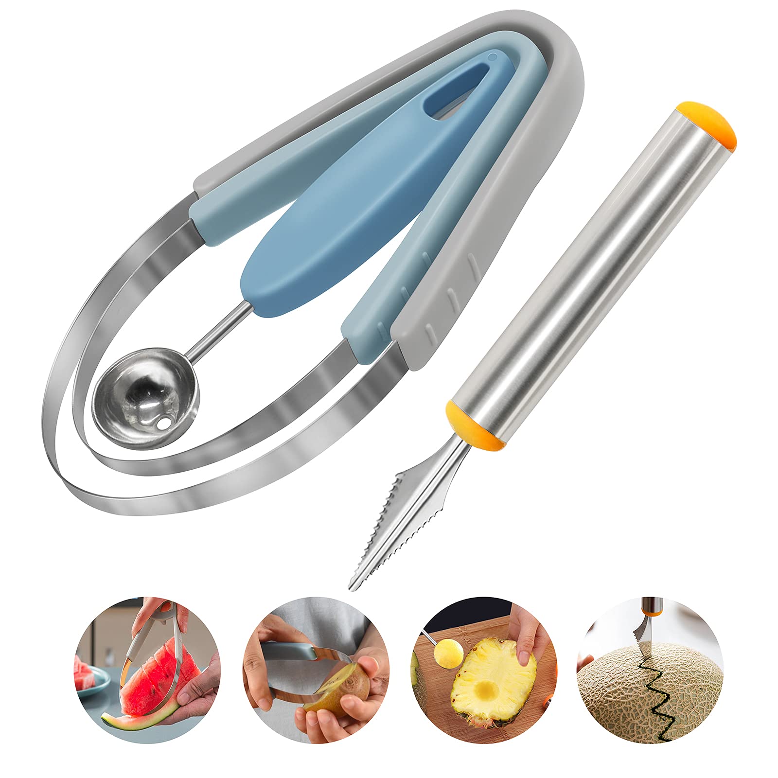 4 in 1 Melon Baller & Fruit Scoops Set Stainless Steel Fruit Carving Knife Melon Peeler Watermelon Slicer Multifunctional Kitchen Tool Fruit Baller Melon Spoons