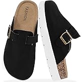 SHASINGGE Suede Platform Clogs for Women, Memory Foam Mules Arch Support Cork Footbed, Platform Sandals with Adjustable Buckle Casual Potato Shoes Black