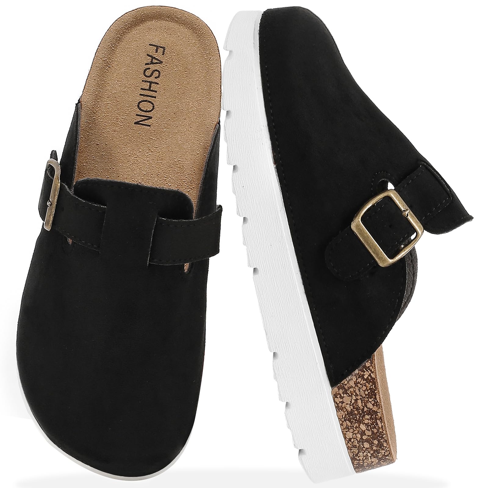 Photo 1 of *MINOR DAMAGE - USED*
SHASINGGE Suede Platform Clogs for Women, Memory Foam Mules Arch Support Cork Footbed, Platform Sandals with Adjustable Buckle Casual Potato Shoes Black26