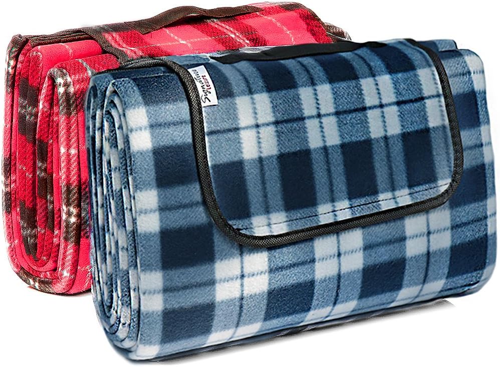 Signature Leisure Blue/White Tartan Check Large 150x180cm Fleece Picnic Blanket with Waterproof Backing and Carry Handle - Lightweight Compact Picnic Travel Rug - Child Play Mat