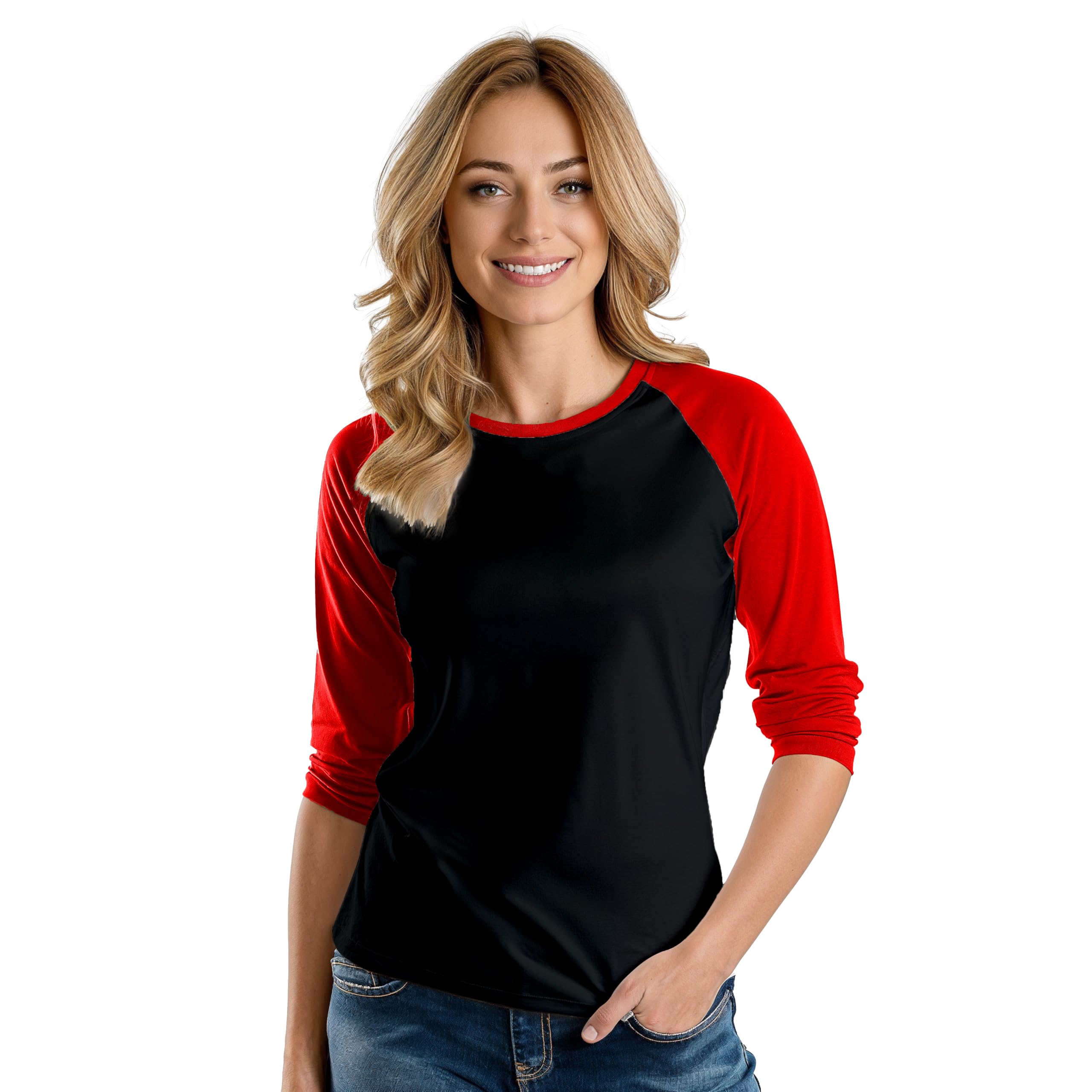 Photo 1 of Baseball Tshirt Womens Three Quarter Length Sleeve Tops for Women- Black & Red Women Raglan-[40003014]- Large