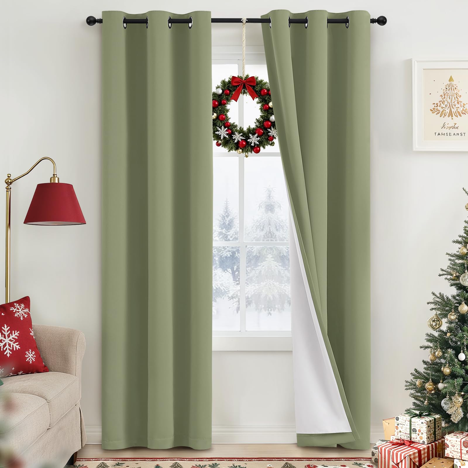 Yakamok 100% Blackout Curtain Panels 84 inches Cold and Light Blocking Drapes for Nursery, 2 Thick Layers Thermal Insulated Draperies (2 Pieces, 40 Wide Each Panel, Sage Front with White Backing) Image