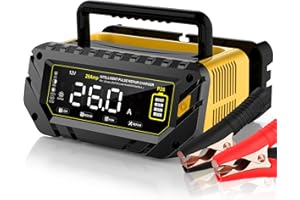 26 AMP Car Battery Charger, 6V/12V/24V Lead-Acid, Lithium, LiFePo4 Smart Battery Charger, Large Screen Trickle Charger, Fully