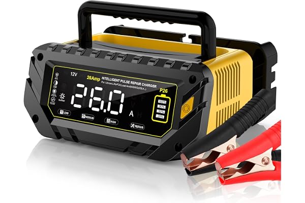 26 AMP Car Battery Charger, 6V/12V/24V Lead-Acid, Lithium, LiFePo4 Smart Battery Charger, Large Screen Trickle Charger, Fully