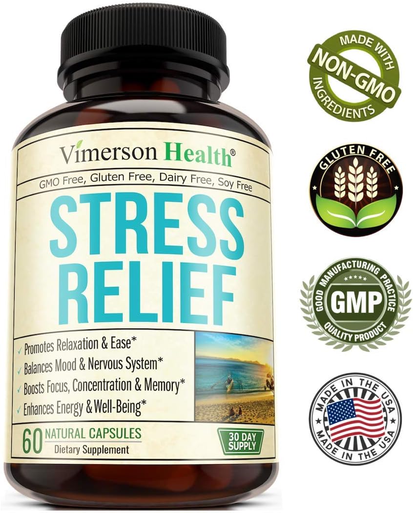Stress Relief Mood Enhancer Supplement. Relief from Occasional Stress, with Biotin, 5-HTP, Valerian, Lutein, Vitamin B1 B2 B5 B6, L-Theanine, St. John's Wort, Ashwagandha, Chamomile. Niacin, GABA.: Health & Personal Care