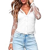 BNOOUIL Sexy Lace Tight Shirts for Women Long Sleeve Mesh Sheer Shirts Button Down Floral Blouse Tops