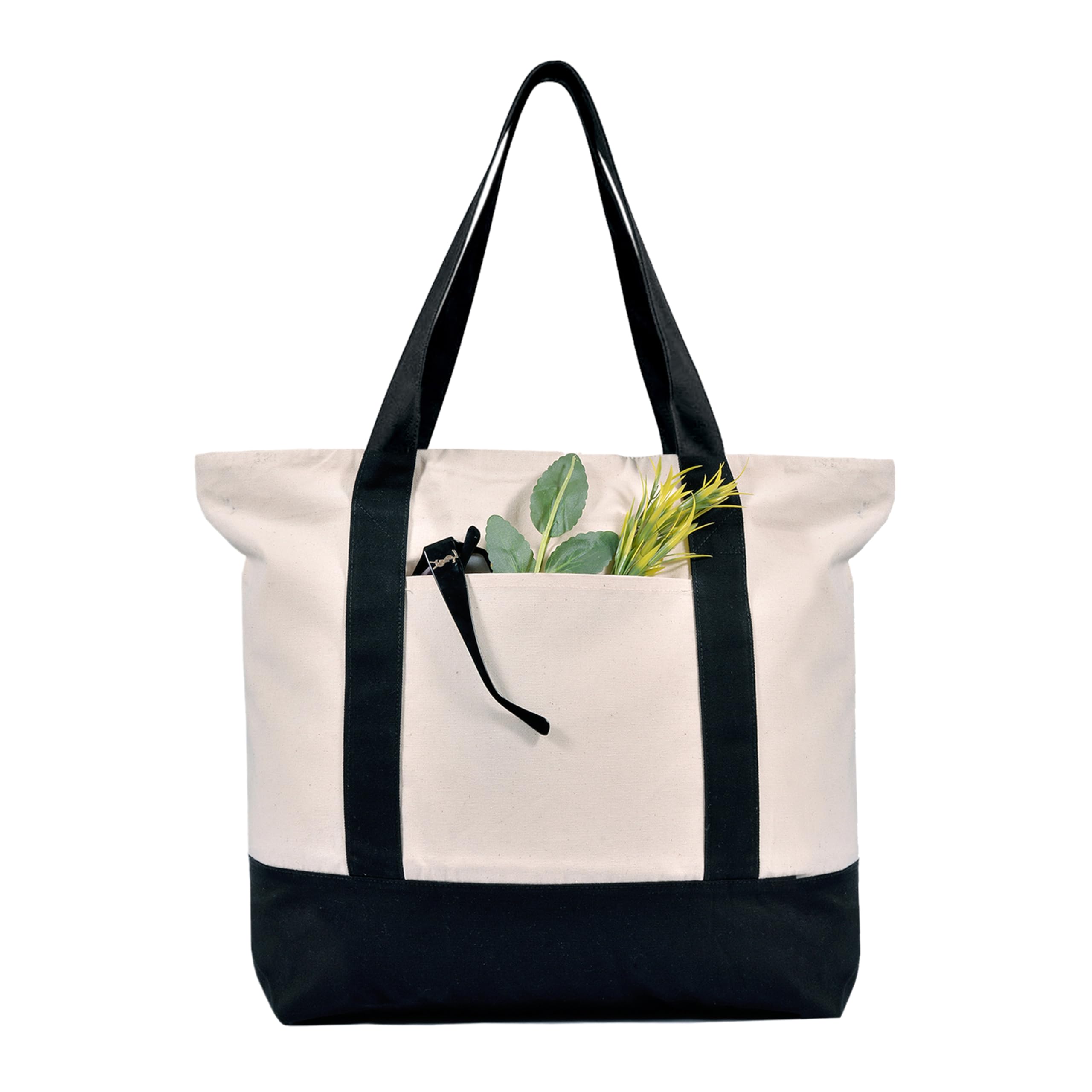 MINIMARG Heavy Duty 100% Cotton Canvas Tote Bag With Zip and external pocket, Suitable for Daily Grocery, Travel, Shopping, Events and Gifts, Sturdy Reusable Women Beach Tote Bag (Natural/Black)