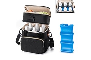 BABEYER Breastmilk Cooler Bag with Ice Pack Fits 6 Baby Bottles Up to 9 Ounce, Expandable Double-layer Leak-Proof Cooler Bag with Shoulder Strap for Nursing & Working Mom, Black