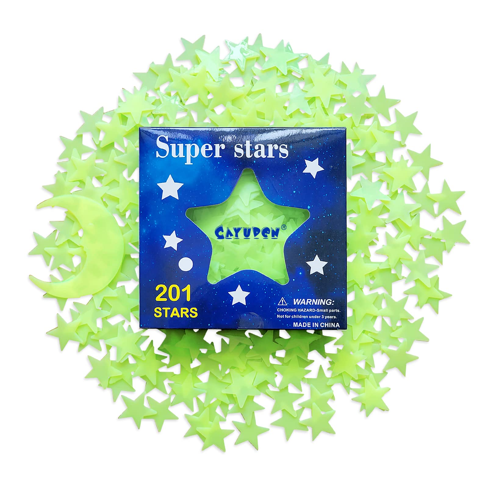 Glow in the Dark Star Stickers, CAYUDEN 201pcs Super Bright Green Glowing Ceiling Stars and Moon Stickers Luminous Large Plastic 3D Wall Stickers Room Decal Stars Stickers for Baby Nursery Bedroom