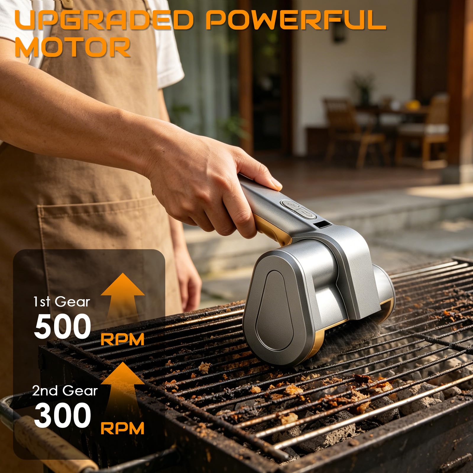 Elektrische Grillbürste, Kabelloser BBQ Grillreiniger, mit LED-Leuchten,140 Min Laufzeit,2 Gänge,3 Köpfen,wasserdicht & hitzebeständig, Grillbürste für Gusseisen, Edelstahl & Holzkohlegrills 3