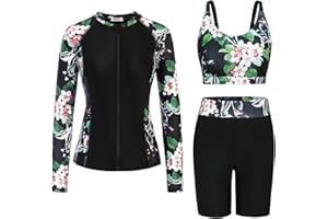 GRACE KARIN Women's 3 Piece Rash Guard Built-in Bra Long Sleeve UV Sun Protection Swimsuit Zip up Swim Top Shirt Modest