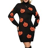 Women’s Halloween Pumpkin Sweater Dress Turtleneck Knit Pullover | High-stretch with pumpkin print,Long Sleeve Halloween Costume,Warm fall winter party dress for Halloween
