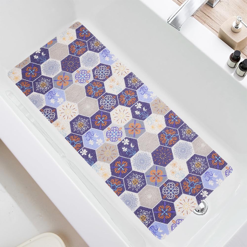 Bathtub Mat Non Slip 100x40cm, PVC Loofah Soft Safety Massage Long Non Slip Bath Tub Mat, Shower Mats for Bathtubs with Drain Holes, Quick Dry (Navy blue)