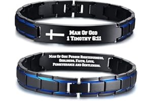 MPRAINBOW Man Of God 1 Timothy 6:11 - Stainless Steel Cross Bracelet - Christian Religous Gifts For Men Boy - Inspirational Bracelet Bible Verse Jewelry - Adjustable Link ID Bracelet