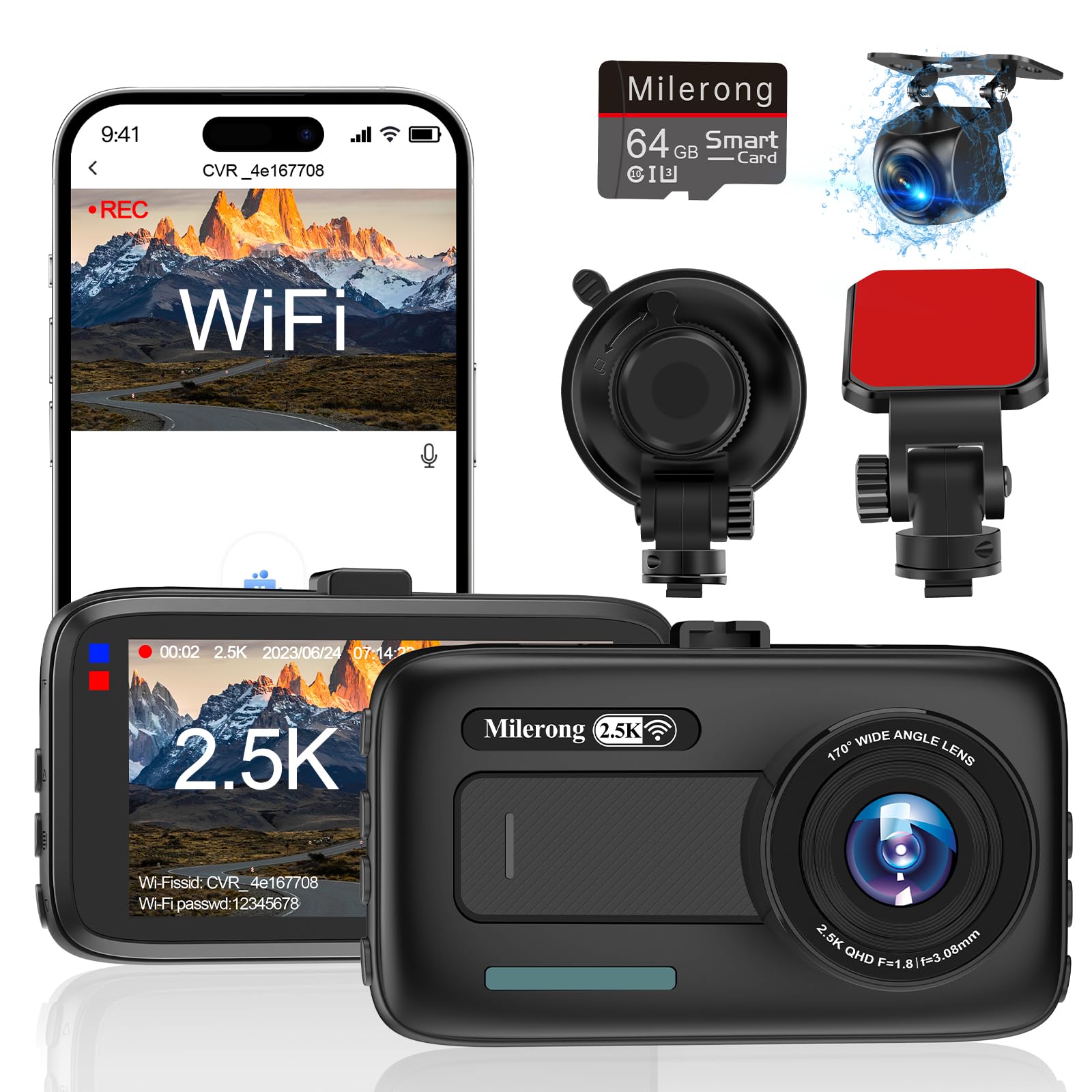 Milerong Dash Cam Front and Rear Wireless with 64GB Card/APP Control, 2.5K Dashcams Front+1080P Rear Dash Camera for Cars,3