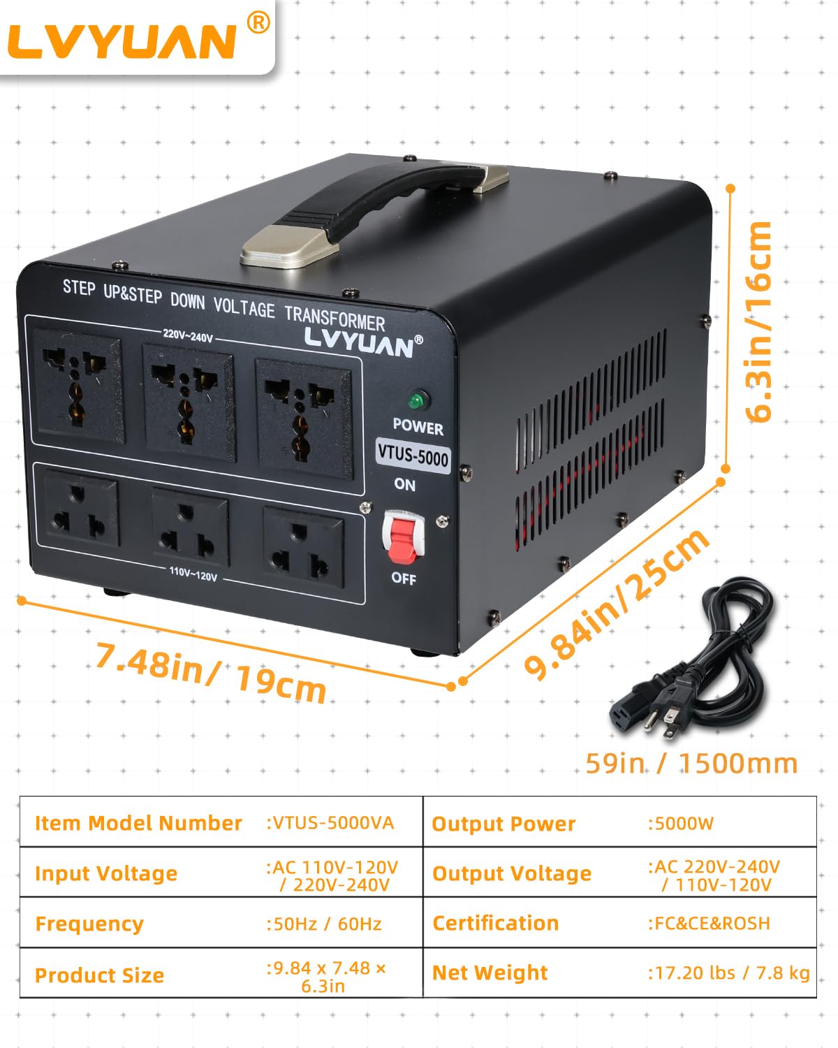 LVYUAN 5000 Watt Voltage Converter Transformer Heavy Duty Step Up/Down AC 110V/120V/220V/240V Power Converter with 3 US Outlets, 3 Universal Outlets, Resettable Circuit Breaker Protection