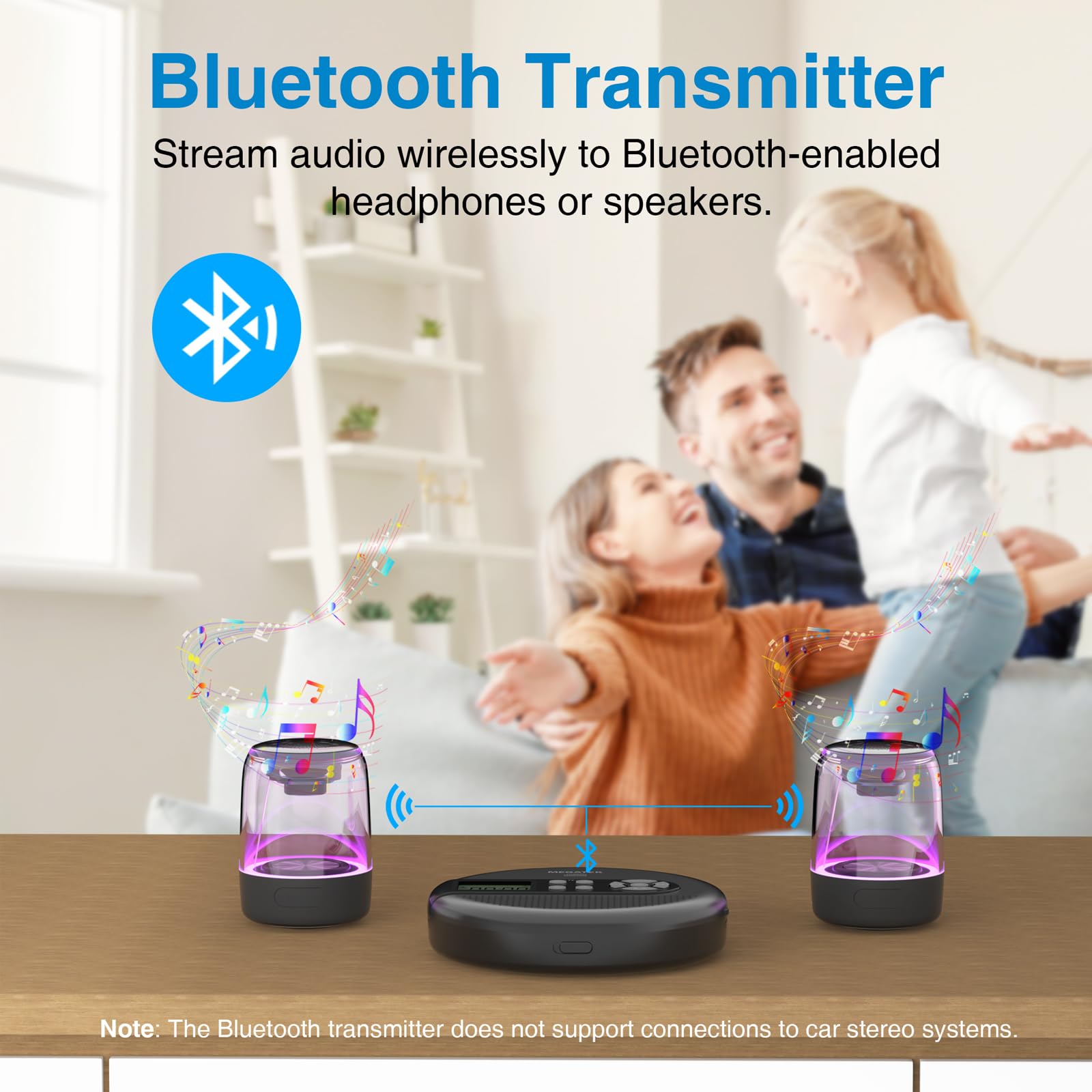 MEGATEK CP27BR Portable CD Player Bluetooth for Car with FM Transmitter, USB, AUX, LCD Display, Anti-Skip, Stereo Speakers, Headphones & Rechargeable Battery – Black