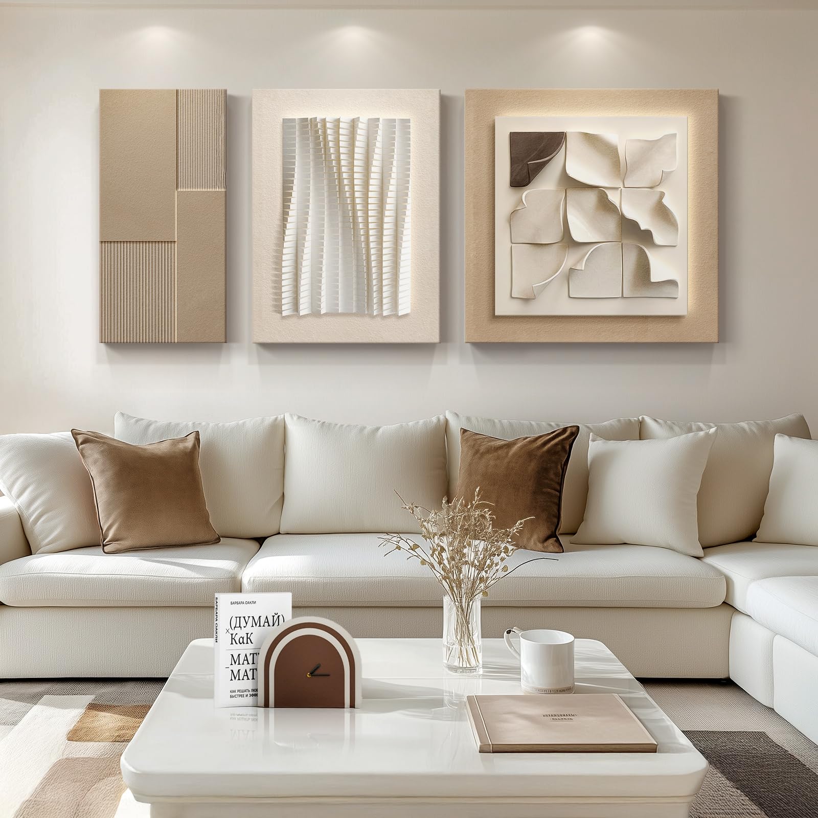 Neutral Abstract Wall Art for Living Room, 3 Piece Large Contemporary ...