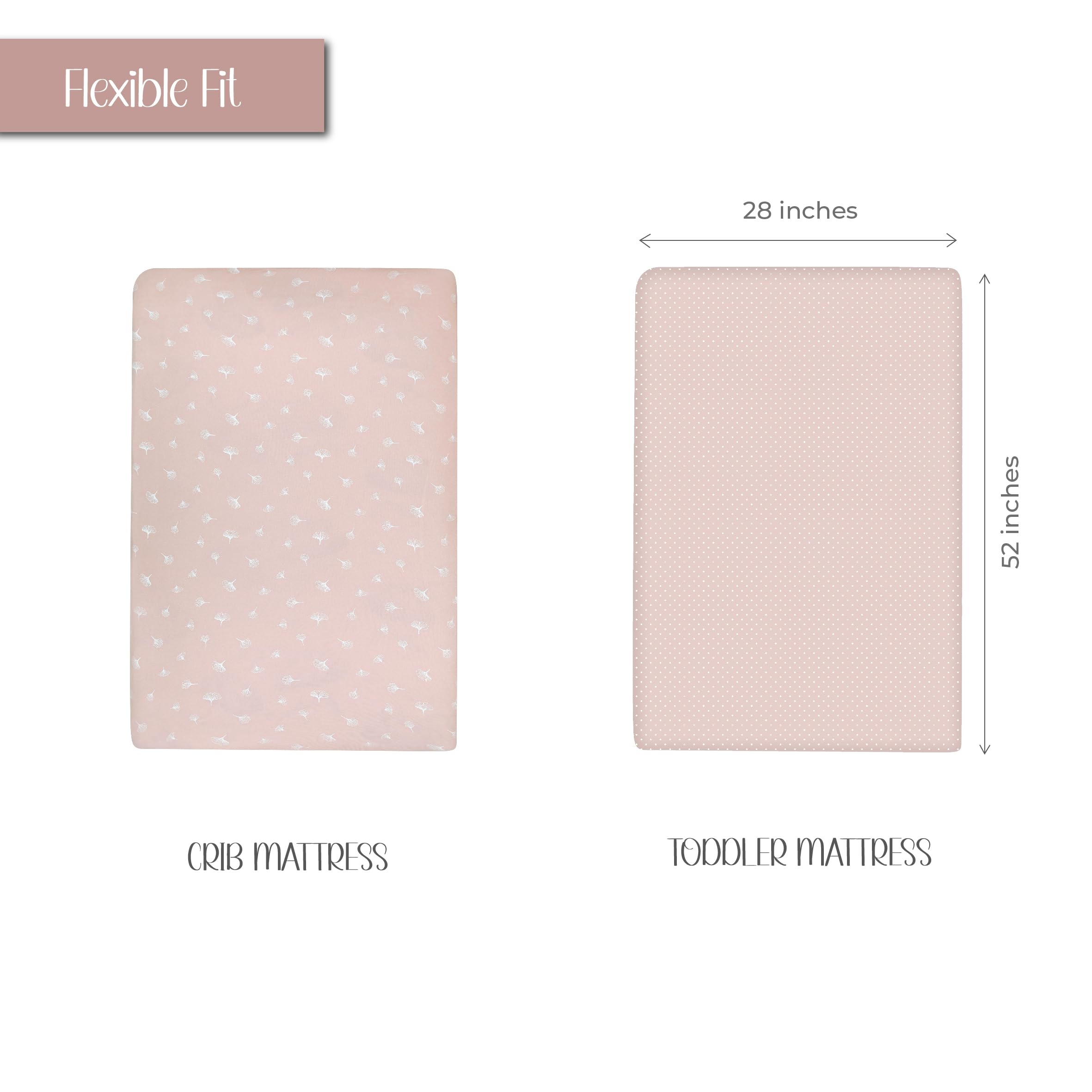 Ely’s & Co. Crib Sheet 2-Pack — Combed, 100% Jersey Cotton for Baby Girl — Rosewater Pink, Pin Dots & Gingko Leaves 52” x 28”